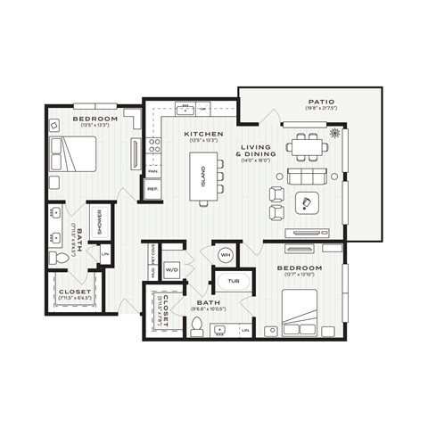 Floor plan for 2 beds, 2 baths, 1279 sqft